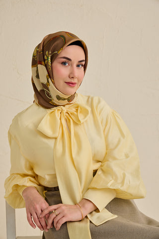 Twill İpek Eşarp Kemer Desen Sütlü Kahve 90x90 - | Silk Home