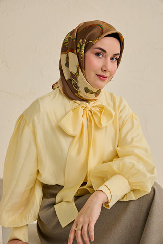 Twill İpek Eşarp Kemer Desen Sütlü Kahve 90x90 - | Silk Home