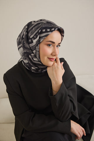 Twill İpek Eşarp Soyut Desen Siyah 90x90 - | Silk Home