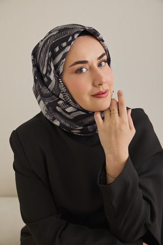 Twill İpek Eşarp Soyut Desen Siyah 90x90 - | Silk Home
