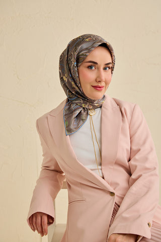 Twill İpek Eşarp Badem Motif Desen Sütlü Kahve 90x90 - | Silk Home