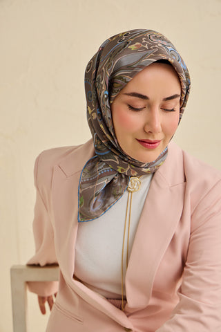Twill İpek Eşarp Badem Motif Desen Sütlü Kahve 90x90 - | Silk Home