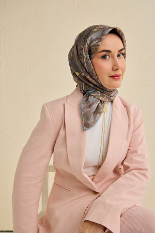 Twill İpek Eşarp Badem Motif Desen Sütlü Kahve 90x90 - | Silk Home