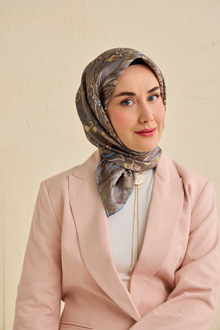 Twill İpek Eşarp Badem Motif Desen Sütlü Kahve 90x90 - | Silk Home