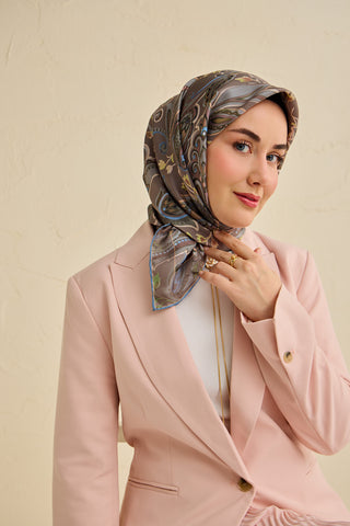 Twill İpek Eşarp Badem Motif Desen Sütlü Kahve 90x90 - | Silk Home