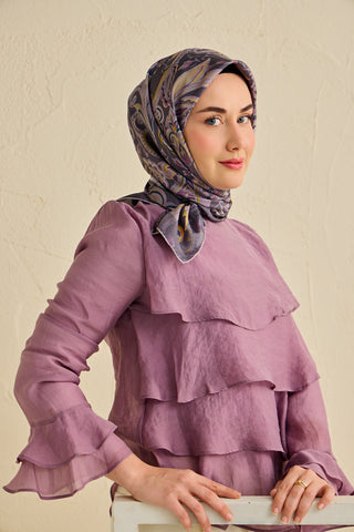 Twill İpek Eşarp Badem Motif Desen Soluk Mor 90x90 - | Silk Home