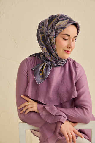 Twill İpek Eşarp Badem Motif Desen Soluk Mor 90x90 - | Silk Home