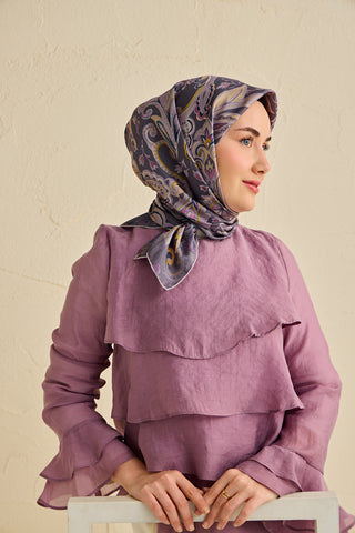 Twill İpek Eşarp Badem Motif Desen Soluk Mor 90x90 - | Silk Home