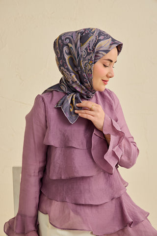 Twill İpek Eşarp Badem Motif Desen Soluk Mor 90x90 - | Silk Home