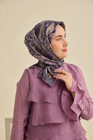 Twill İpek Eşarp Badem Motif Desen Soluk Mor 90x90 - | Silk Home