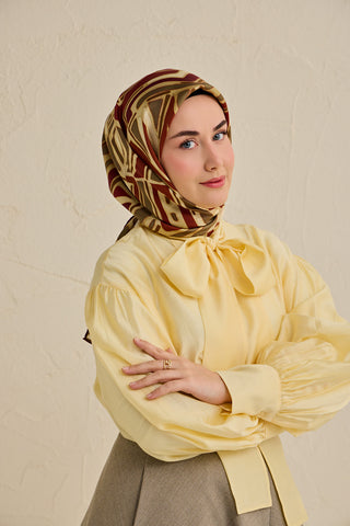 Twill İpek Eşarp Bohem Atlas Desen Bej 90x90