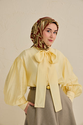 Twill İpek Eşarp Bohem Atlas Desen Bej 90x90