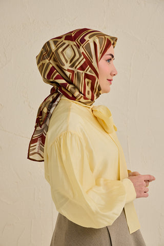 Twill İpek Eşarp Bohem Atlas Desen Bej 90x90