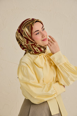 Twill İpek Eşarp Bohem Atlas Desen Bej 90x90