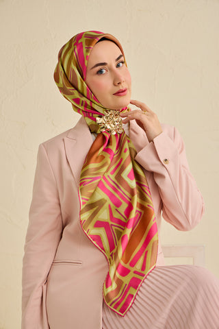 Twill İpek Eşarp Bohem Atlas Desen Fıstık Yeşili 90x90