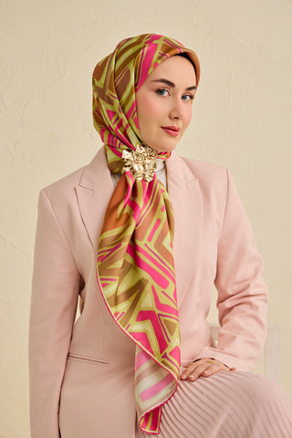 Twill İpek Eşarp Bohem Atlas Desen Fıstık Yeşili 90x90