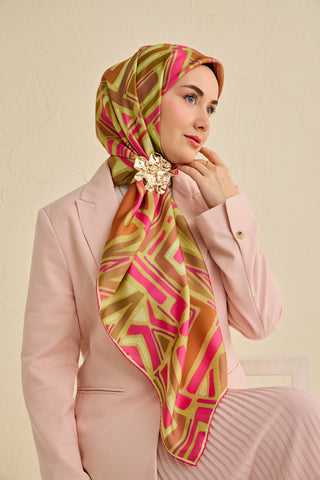 Twill İpek Eşarp Bohem Atlas Desen Fıstık Yeşili 90x90