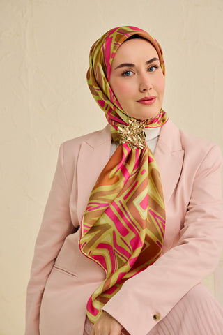 Twill İpek Eşarp Bohem Atlas Desen Fıstık Yeşili 90x90