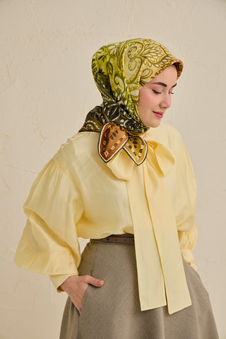 Twill İpek Eşarp Klasik Motif Sarı 90x90