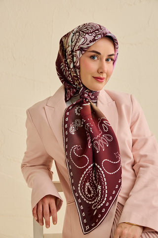 Twill İpek Eşarp Klasik Motif Bordo 90x90