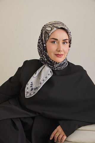 Twill İpek Eşarp Klasik Motif Antrasit 90x90 - | Silk Home