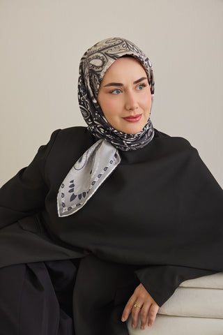 Twill İpek Eşarp Klasik Motif Antrasit 90x90 - | Silk Home