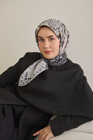 Twill İpek Eşarp Klasik Motif Antrasit 90x90 - | Silk Home