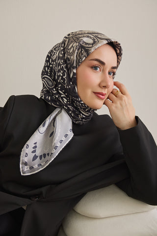 Twill İpek Eşarp Klasik Motif Antrasit 90x90 - | Silk Home