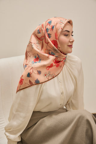 Twill İpek Eşarp Çiçek Rüyası Pudra 90x90