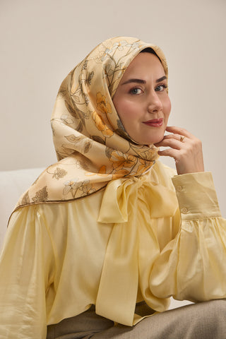 Twill İpek Eşarp Çiçek Rüyası Pastel Sarı 90x90