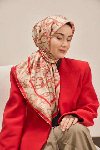 Twill İpek Eşarp Barok Yeşil Bej 90x90