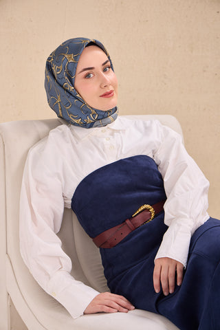 Twill İpek Eşarp Barok İndigo 90x90 - | Silk Home