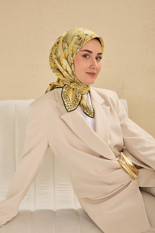 Twill İpek Eşarp Büyük Çiçek Sarı 90x90