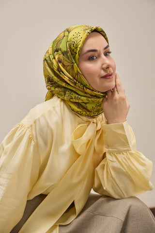 Twill İpek Eşarp Büyük Çiçek Yeşil 90x90