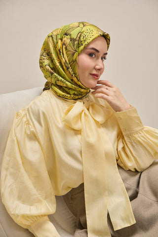 Twill İpek Eşarp Büyük Çiçek Yeşil 90x90