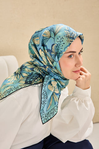 Twill İpek Eşarp Büyük Çiçek Mavi 90x90