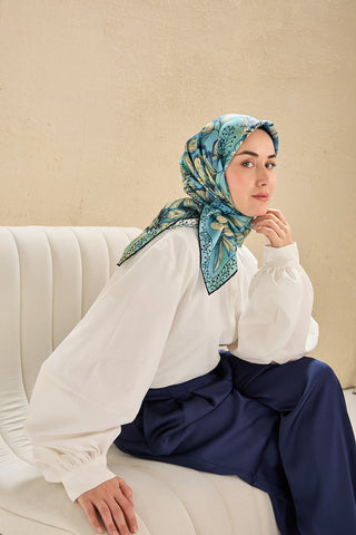 Twill İpek Eşarp Büyük Çiçek Mavi 90x90