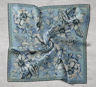Twill İpek Eşarp Büyük Çiçek Mavi 90x90