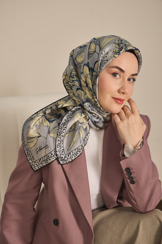 Twill İpek Eşarp Büyük Çiçek Mavi Gri 90x90