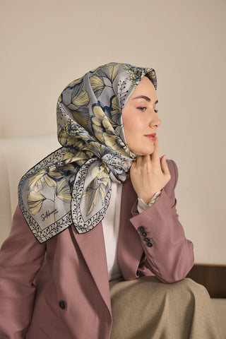 Twill İpek Eşarp Büyük Çiçek Mavi Gri 90x90