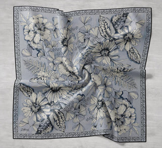 Twill İpek Eşarp Büyük Çiçek Mavi Gri 90x90