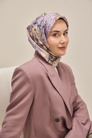 Twill İpek Eşarp Büyük Çiçek Leylak 90x90