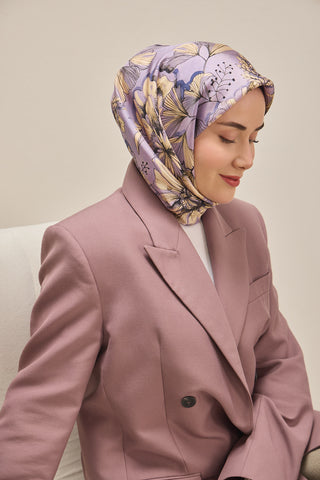 Twill İpek Eşarp Büyük Çiçek Leylak 90x90