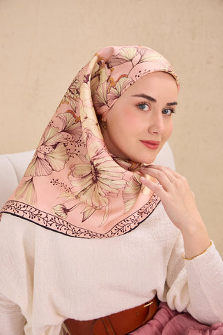 Twill İpek Eşarp Büyük Çiçek Tozpembe 90x90