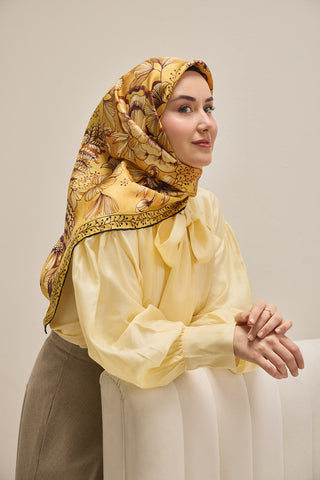 Twill İpek Eşarp Büyük Çiçek Gold 90x90