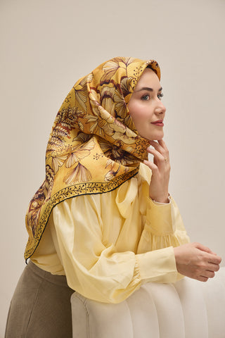 Twill İpek Eşarp Büyük Çiçek Gold 90x90