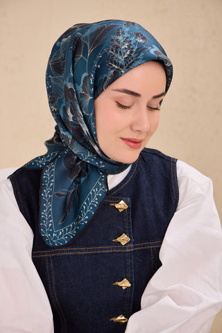 Twill İpek Eşarp Büyük Çiçek Petrol Mavi 90x90