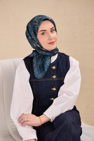 Twill İpek Eşarp Büyük Çiçek Petrol Mavi 90x90