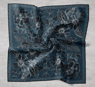 Twill İpek Eşarp Büyük Çiçek Petrol Mavi 90x90