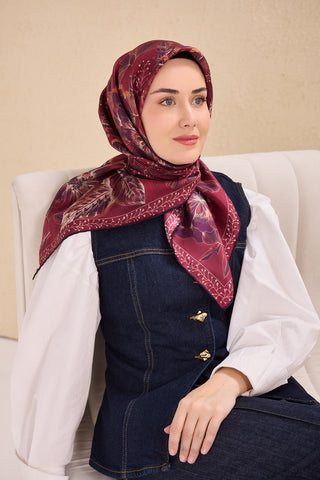 Twill İpek Eşarp Büyük Çiçek Vişne Çürüğü 90x90